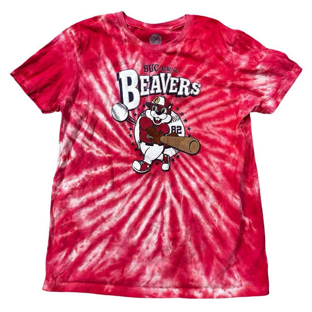 Buc-ee’s Red Tie Dye Bucees Beavers Baseball Bat Ball Short Sleeve Tshirt Sz YL